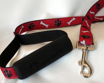 Red Dog Collar and Leash, Dog Bones & Paw Prints, Dog Collar and Leash Matching Set, 1 Inch Wide, Dog Leash With Handle