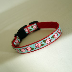 Small Dog Collar - Roses, 1/2 Inch Wide, Adjustable 7 To 11 Inches, Teal and Red Dog Collar, Floral Little Dog Collar
