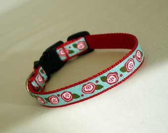 Small Dog Collar, Roses, 1/2 Inch Wide, Adjustable 7-11 Inches, Handmade USA