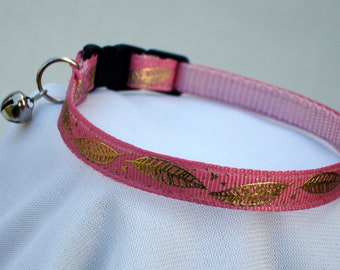 Pink Cat Collar with Gold Feathers, Safety Breakaway Buckle, 3/8 Inch Wide, Adjustable 7-11 Inches, Handmade USA