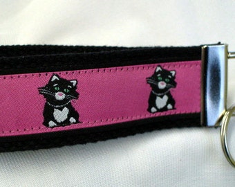 Tuxedo Kitten Key Wristlet, Cat Keychain, Handmade in USA