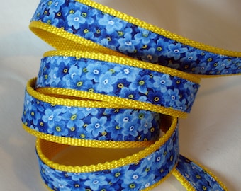 Forget Me Nots Dog Collar and Leash, Matching Set, Alaskan Dog Leash and Collar, 1" Wide, Floral Dog Collar and Dog Leash, Yellow and Blue