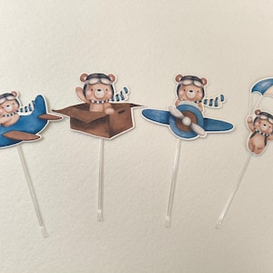 Topper Orsetto Aviatore Acquerello – 12 Pezzi – Decorazione Torta e Dolcetti Compleanno o baby shower per bambini