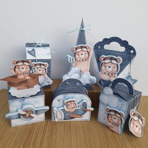 Archivo imprimible DIY: oso aviador, acuarelas, aviones, recuerdo de fiesta. Cajas de regalos. Decoración de fiestas y cajas de regalo. Bolsa de golosinas. Caja de fiesta