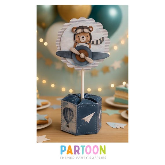 Table Centerpiece, cachepot, aviator bear watercolors, airplanes for birthday parties, baby showers, themed favor boxes, personalized favor