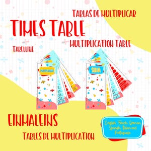 Pode incluir: Marcadores coloridos de tabelas de multiplicação com as palavras "TIMES TABLE" e "MULTIPLICATION TABLE" em vermelho. Os marcadores têm fatos de multiplicação e estão em vários idiomas, incluindo inglês, francês, alemão, espanhol, italiano e português.
