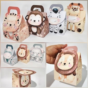 Coffrets cadeaux pour bébé, lot de 7, boîtes à bonbons pour fête d'enfants, animaux de la jungle, aquarelle, fête d'anniversaire, boîtes à cadeaux à thème, boîtes à cadeaux personnalisées