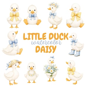 Pode incluir: Ilustração em aquarela de patinhos brancos com laços amarelos e azuis, detalhes florais e o texto "LITTLE DUCK watercolor DAISY". Os patos são retratados em diferentes poses, alguns com chapéus e flores.