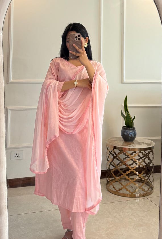 Minimalist pink plain 3 peice kurta Set, gift for her, Indian kurta set, salwaar Kameez, ethnic wear, festive eid diwali wear, dupatta kamiz