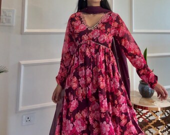 Designer Beautiful Pink Floral ethnic Kurti PLUS size Set V Neck  dupatta salwar kameez m/gift traditional dress ethnic wear Eid/Diwali wear