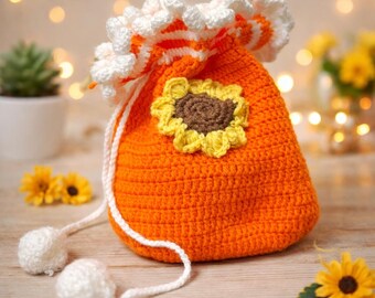 Handmade woolen Crochet Pumpkin Drawstring Pouch with Sunflower, gift for her, last minute gifts , decorative, gifts, coin bag, gift bag