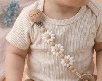 Attache-tétine florale personnalisée, cadeau nouveau-né pour bébé fille, cadeau de baby shower pour les nouveaux parents, attache-tétine personnalisée
