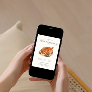 May include: A digital Thanksgiving invitation with a watercolor illustration of a roasted turkey on a platter with green sprigs and lemons. The text reads "Please join us for Thanksgiving, November 23, 12:00 PM, Hosted by Sam & Amy".
