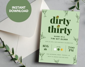 Może przedstawiać: Zielono-białe zaproszenie na urodziny z tekstem "dirty thirty" i wzorem kieliszka do martini. Zaproszenie zawiera datę 16 sierpnia, godzinę 19:00 i tekst "Kassi is a Tini Bit Older".