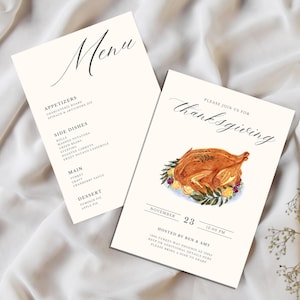 May include: Thanksgiving invitation with a watercolor illustration of a roasted turkey on a white background. The invitation includes the date, time, and host information. The text reads "Please join us for Thanksgiving, November 23, 12:00 PM, Hosted by Ben & Amy, 1234 Turkey Way Phoenix AZ 19343, RSVP or additional details here, Please bring a dish to share."