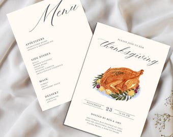 May include: Thanksgiving invitation featuring a watercolour illustration of a roasted turkey on a white background. The invitation includes the date, time, and host information. The text reads "Please join us for Thanksgiving, November 23, 12:00 PM, Hosted by Ben & Amy, 1234 Turkey Way Phoenix AZ 19343, RSVP or additional details here, Please bring a dish to share."
