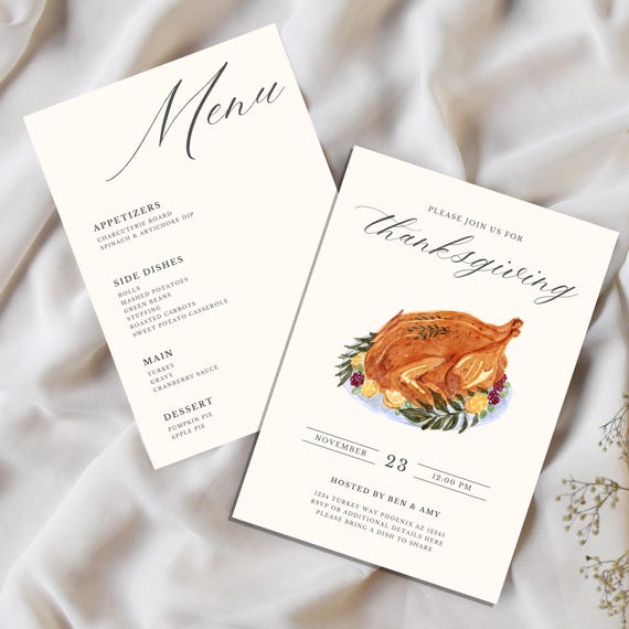 Thanksgiving Invitation, Thanksgiving Menu, Thanksgiving Invite Customizable Template, Fall Dinner Party Menu Template, Friendsgiving Invite