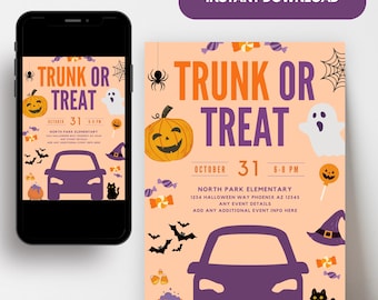 May include: Printable Halloween Trunk or Treat invitation with a purple car, orange pumpkin, black cat, and witch's hat on a peach background. The text reads "Trunk or Treat" with the date and time of the event.  North Park Elementary, 1234 Halloween Way, Phoenix, AZ 12345. Any event details. Add any additional event info here.