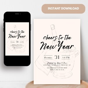New Years Eve Party Invitation, Champagne Theme Invitation, Aesthetic Invite, Customizable digital invitation, Modern New Years Invite