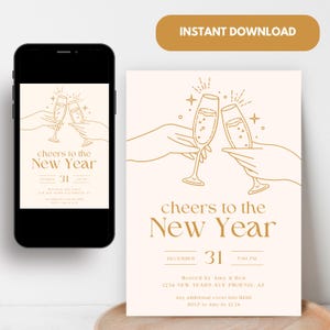 New Years Eve Party Invitation, Champagne Theme Invitation, Aesthetic Invite, Customizable digital invitation, Modern New Years Invite