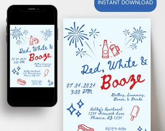 Red White & Booze 4th of July Party Invitation Template, 4th of July Invite, Editable Invitation Template, 4th of July Aesthetic Invitation