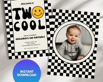 May include: A black and white checkered background with a white circle in the center. Inside the circle is a photo of a baby boy. The text "Benjamin is Two Cool" is in a retro font with a yellow smiley face. The text below reads "Join us to celebrate Benjamin's 2nd Birthday" with the date, time, and location of the party.
