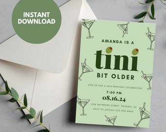 A Tini Bit Older Birthday Party Invitation Template, Martini Theme Birthday Invite, Customizable Editable Invite Template, Aesthetic Invite