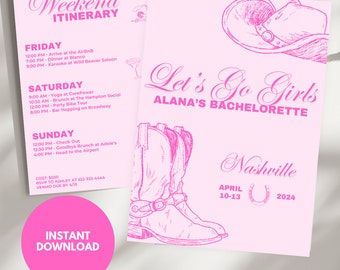 Könnte beinhalten: Rosa-weißer druckbarer Reiseplan für einen Junggesellinnenabschied mit einem pinkfarbenen Cowboyhut- und Stiefel-Motiv. Der Text lautet "Weekend Itinerary" und listet die Aktivitäten für einen Junggesellinnenabschied in Nashville, Tennessee auf. Der Text enthält auch das Datum "April 10-13, 2024".