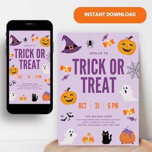 Trick or Treat Invitation, Kids Halloween Party Invitation Template, Trick or Treat Invite, Halloween Party Editable Invitation Template