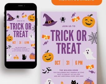 May include: Purple and white printable Halloween party invitation with a witch's hat, ghosts, candy, pumpkins, and bats. The text reads "Join us to Trick or Treat" with the date and time of the party.