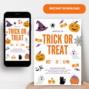 Trick or Treat Invitation, Kids Halloween Party Invitation Template, Trick or Treat Invite, Halloween Party Editable Invitation Template
