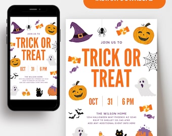 May include: Printable Halloween party invitation with a white background and orange and purple illustrations of pumpkins, ghosts, bats, candy, and a spider web. The text reads "Join us to Trick or Treat" with the date and time "Oct 31 | 6 PM".