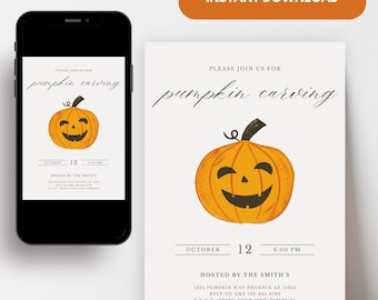 Pumpkin Carving Invitation, Pumpkin Carving Invite, Customizable Template, Pumpkin Carving Party, Halloween Party Invitation, Modern Invite