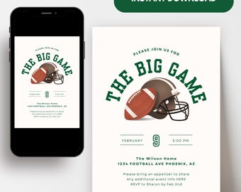 Football Watch Party Invitation, Football Invite, Game Day Party Invite, The Big Game Invite, Customizable Invitation Template
