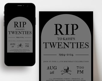 RIP 20's Birthday Party Invitation Template, R.I.P. to my Twenties Theme Birthday Invite, 30th Birthday Editable Template, Aesthetic Invite