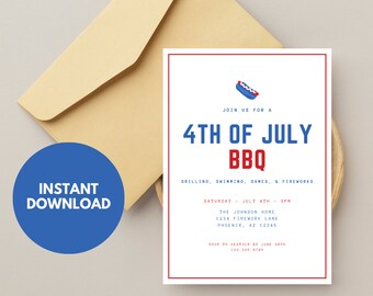 May include: A white invitation card with red and blue text announcing a 4th of July BBQ. The invitation includes details about the event, including the date, time, location, and RSVP information.
