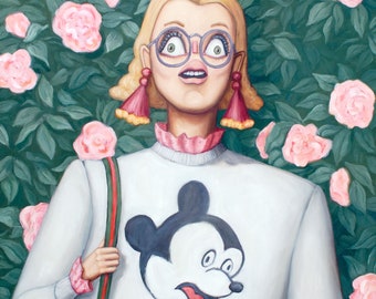 Pain - Fine Art Print - Pintura al óleo contemporáneo - surrealismo Retrato figura de la pintura rosas y camisa de Mickey por Heather Buchanan