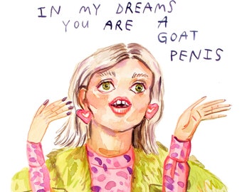 In My Dreams - Acuarela - Funny Fine Art Print - Contemporary Painting Limited Edition Print - Goat Pene Flying Thru Space 11x14