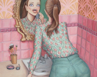 Toilet Venus - Fine Art Print - Contemporary Oil Painting - surrealism Portrait figure painting and vintage bathroom by Heather Buchanan