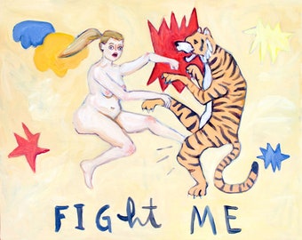 Fight Me - Fine Art Print - Contemporary Oil Painting - surrealism Portrait nude figure painting and tiger by Heather Buchanan