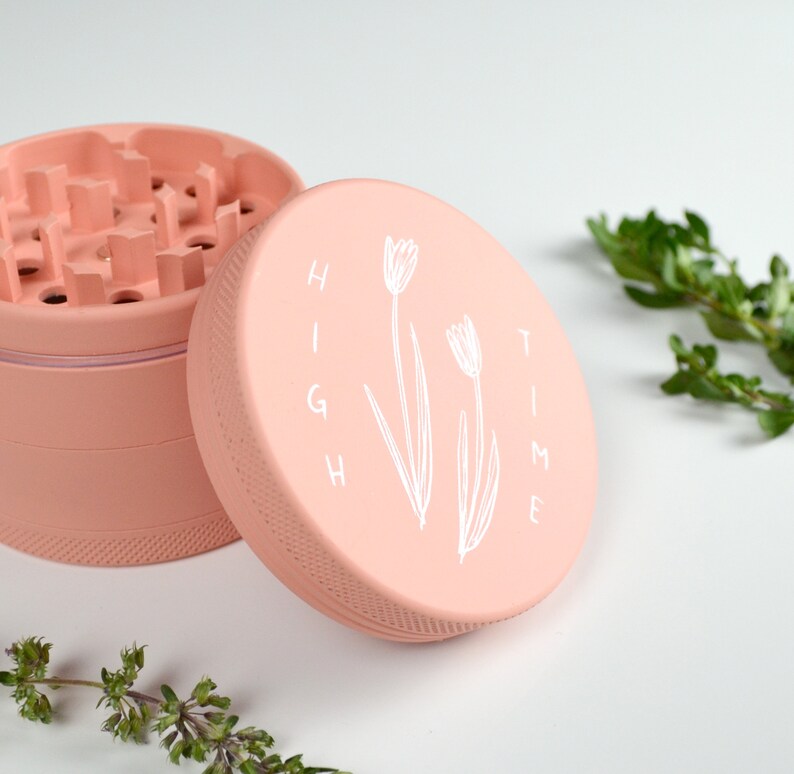 Pastel Pink Herb Grinder High Time Cute pink matte weed grinder Feminine girl illustration original art bud floral tulip flower image 6