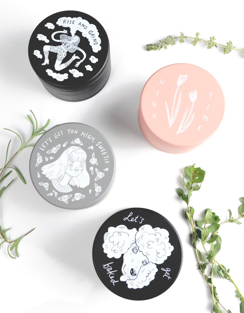 Pastel Pink Herb Grinder High Time Cute pink matte weed grinder Feminine girl illustration original art bud floral tulip flower image 5