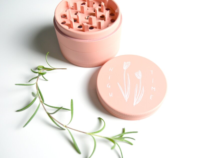 Pastel Pink Herb Grinder High Time Cute pink matte weed grinder Feminine girl illustration original art bud floral tulip flower image 2