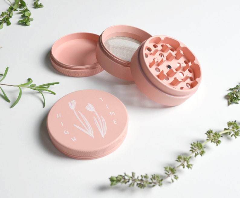 Pastel Pink Herb Grinder High Time Cute pink matte weed grinder Feminine girl illustration original art bud floral tulip flower image 9