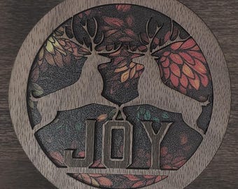 Adorno navideño de ciervo alegre SVG / Archivo cortado con láser / Decoración navideña en capas