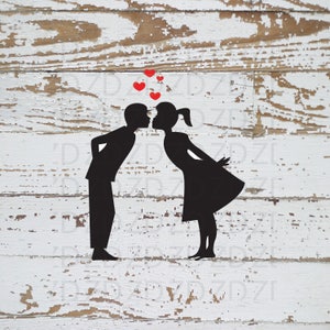Primer beso de niño y niña Archivo de corte: SVG, Silhouette Cameo, SVG - PNG, Cricut Svg, Día de San Valentín