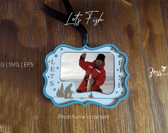 Marco de fotos de pesca en hielo, adorno navideño SVG (archivo cortado con láser)