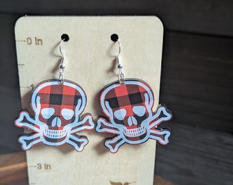 Pendientes colgantes de Halloween con calavera y huesos cruzados espeluznantes con cuadros de búfalo negros y naranjas