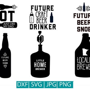 May include: A set of six black and white SVG cut files for a craft beer lover. The designs include "IPA Lot Just Like My Dad", "Future Craft Beer Drinker", "Future Beer Snob", "Future Beer Snob", "Little Home Brewer", and "Locally Brewed".