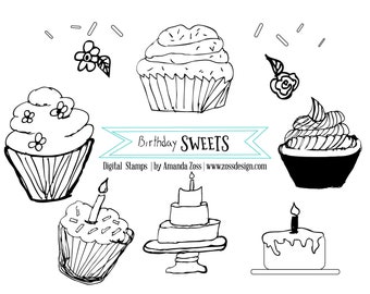 Birthday Sweets digital stamps, graphic, coloring pages,